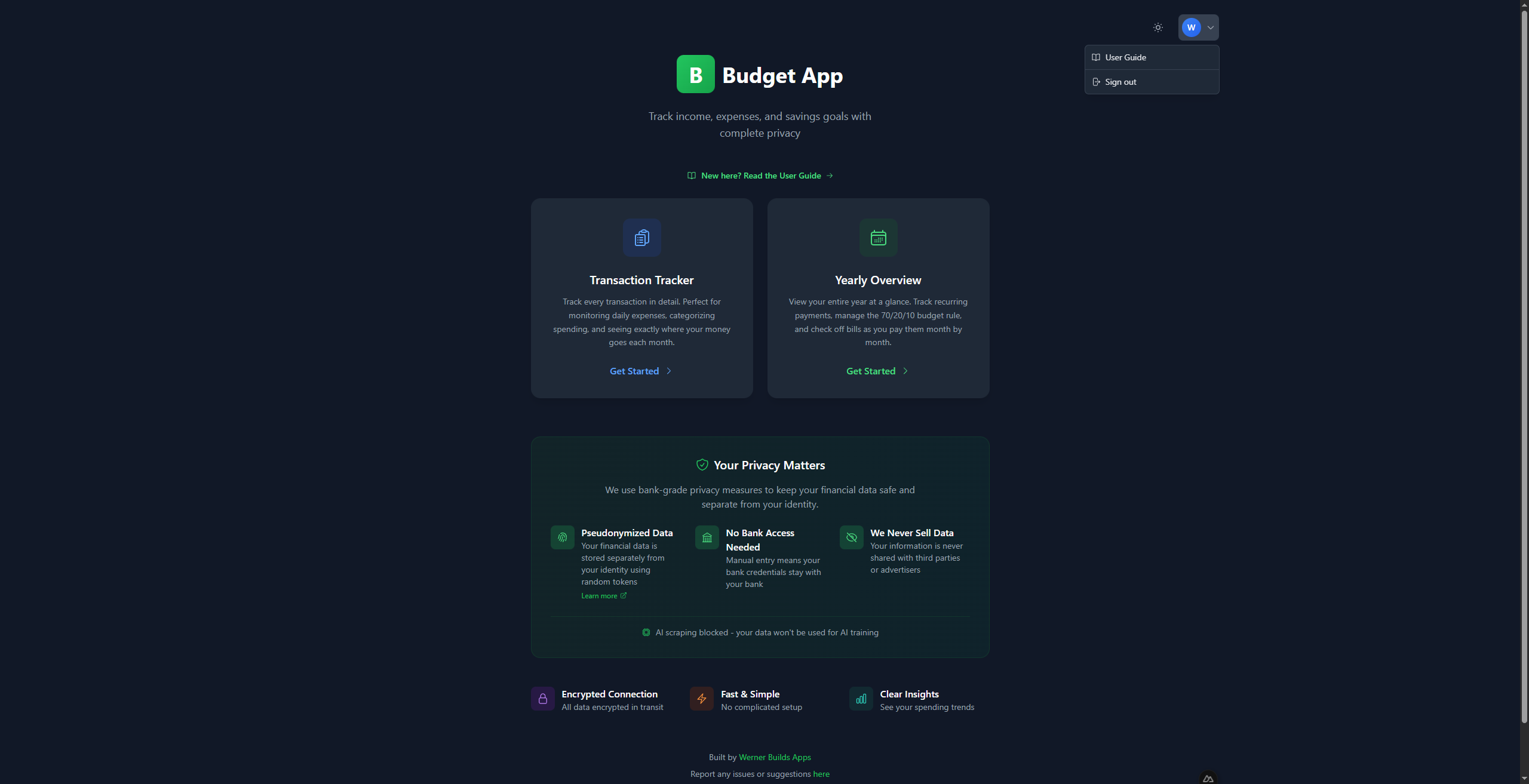 User menu with sign out option